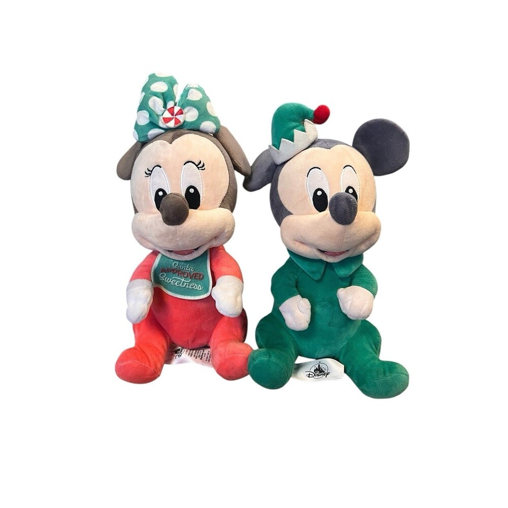 Disney Plush Set Mickey Minnie Mouse Small Red Green Good Holiday Christmas Elf